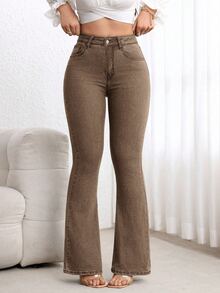 Flexra Solid Color Skinny Flare Leg Casual Jeans - Coffee Brown - View 12