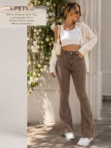 Flexra Solid Color Skinny Flare Leg Casual Jeans - Coffee Brown - View 3