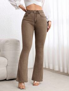 Flexra Solid Color Skinny Flare Leg Casual Jeans - Coffee Brown - View 2