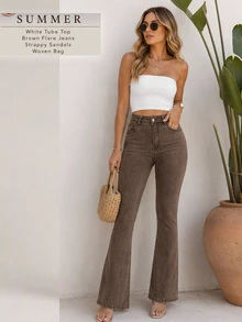 Flexra Solid Color Skinny Flare Leg Casual Jeans - Coffee Brown - View 4