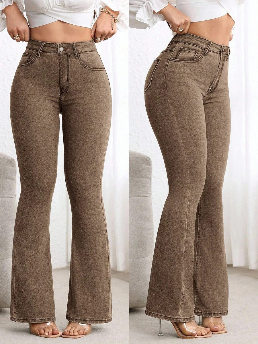 Flexra Solid Color Skinny Flare Leg Casual Jeans - Coffee Brown - View 1
