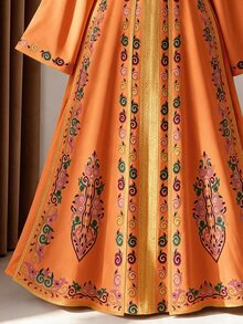 Rometta Plus Size Women's Fashion Elegant New Bohemian Middle Eastern Print V-Neck Cinched Waist Long Sleeve Dress, Suitable For Back To School, Vacation, Valentine's Day, Christmas, Dating, Party, Wedding Season, Outings And More - Multicolor - View 4