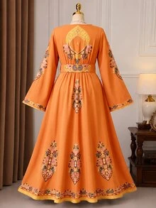 Rometta Plus Size Women's Fashion Elegant New Bohemian Middle Eastern Print V-Neck Cinched Waist Long Sleeve Dress, Suitable For Back To School, Vacation, Valentine's Day, Christmas, Dating, Party, Wedding Season, Outings And More - Multicolor - View 2