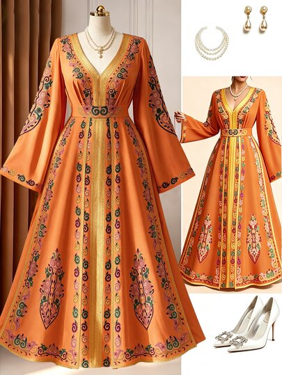 Rometta Gaun Wanita Ukuran Plus Elegan Model Bohemian Baru Motif Timur Tengah, Leher V, Pinggang Ramping, Lengan Panjang, Cocok untuk Kembali ke Sekolah, Liburan, Hari Valentine, Natal, Kencan, Pesta, Musim Pernikahan, Jalan-jalan, dan Lainnya