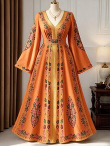 Rometta Plus Size Women's Fashion Elegant New Bohemian Middle Eastern Print V-Neck Cinched Waist Long Sleeve Dress, Suitable For Back To School, Vacation, Valentine's Day, Christmas, Dating, Party, Wedding Season, Outings And More - Multicolor - View 6