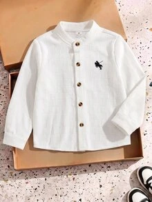 1pc Youngboy Minimalist Fashion White Textured Embroidered Horse Pattern Collared Button-Up Long Sleeve Shirt, Boys' School Ring Bearer Autumn - White - View 6