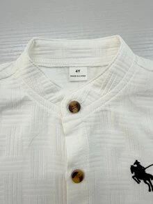 1pc Youngboy Minimalist Fashion White Textured Embroidered Horse Pattern Collared Button-Up Long Sleeve Shirt, Boys' School Ring Bearer Autumn - White - View 3