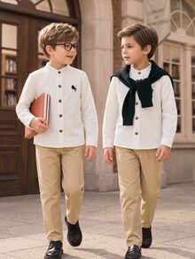 1pc Youngboy Minimalist Fashion White Textured Embroidered Horse Pattern Collared Button-Up Long Sleeve Shirt, Boys' School Ring Bearer Autumn - White - View 9