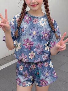 少女休閒可愛紋理碎花甜美奶油風鄉村風圓領短袖T恤寬鬆短褲兩件套，適合春夏，圖案舒適，女孩套裝，Y2K復古度假風 - 彩色 - 查看 2