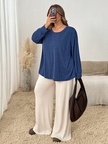 SHEIN CURVE+ Kaos Lengan Panjang Leher Bulat Biru Kasual Wanita Ukuran Besar untuk Musim Gugur - Biru - View 5
