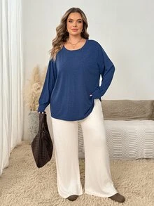 SHEIN CURVE+ Kaos Lengan Panjang Leher Bulat Biru Kasual Wanita Ukuran Besar untuk Musim Gugur - Biru - View 8