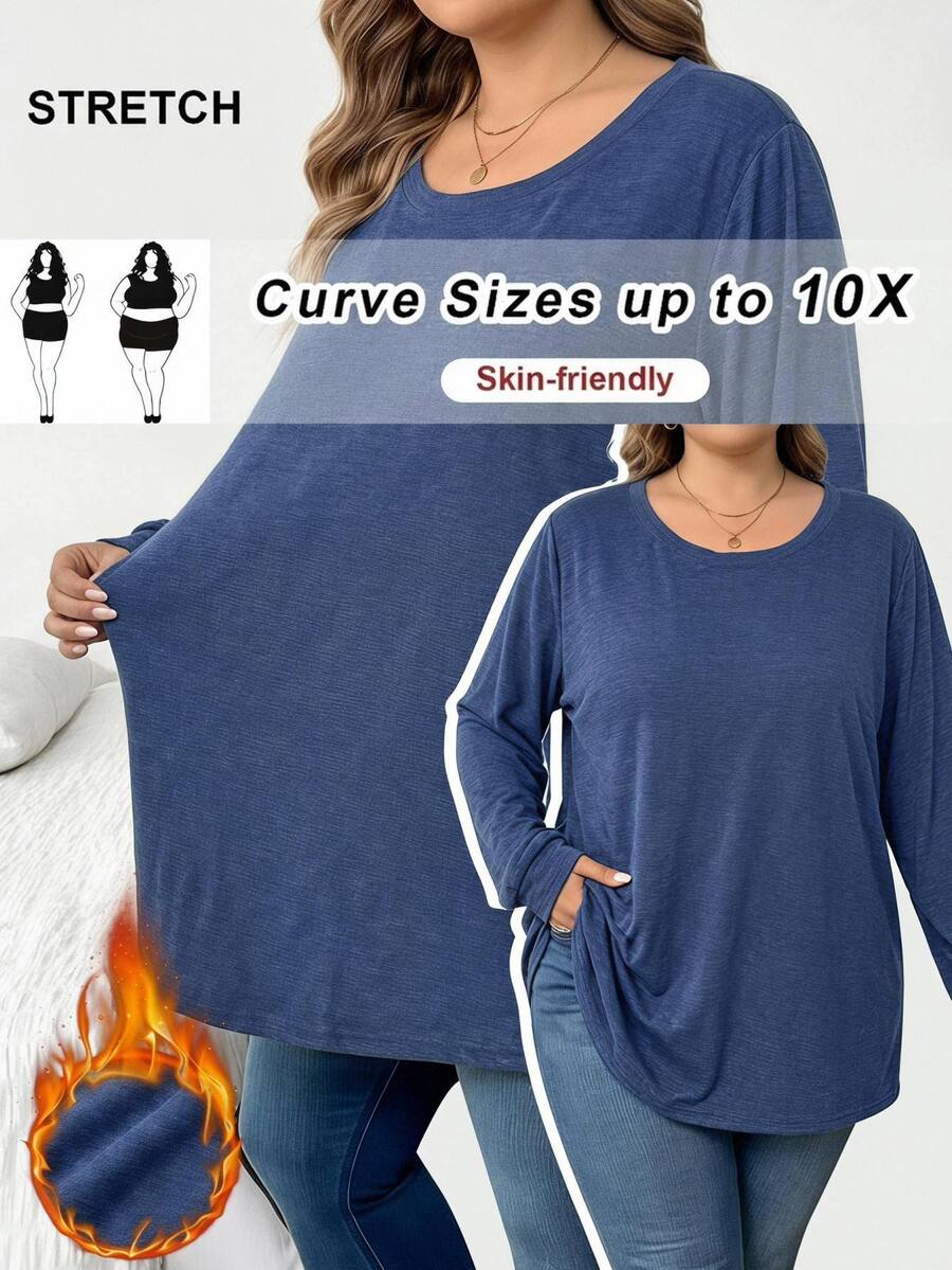 SHEIN CURVE+ Kaos Lengan Panjang Leher Bulat Biru Kasual Wanita Ukuran Besar untuk Musim Gugur - Biru - View 1