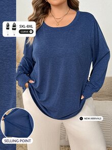 SHEIN CURVE+ Kaos Lengan Panjang Leher Bulat Biru Kasual Wanita Ukuran Besar untuk Musim Gugur - Biru - View 10
