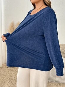 SHEIN CURVE+ Kaos Lengan Panjang Leher Bulat Biru Kasual Wanita Ukuran Besar untuk Musim Gugur - Biru - View 7
