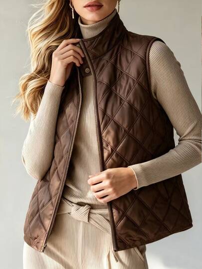 EMERY ROSE Women's Solid Color Zipper Casual Versatile Daily Travel Vest