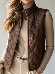 EMERY ROSE Women's Solid Color Zipper Casual Versatile Daily Travel Vest - Brown - View 3