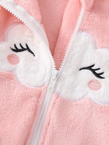 SHEIN Vintaside Kids 女嬰秋冬粉色法蘭絨抓絨內裡柔軟可愛卡通雲朵圖案刺繡休閒寬鬆3D耳朵連帽外套與長褲2件套，適合日常外出、休閒時光、慵懶日子、節日派對等多種場合 - 粉色 - 查看 9