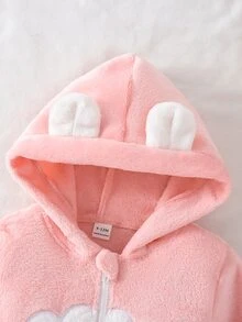 SHEIN Vintaside Kids 女嬰秋冬粉色法蘭絨抓絨內裡柔軟可愛卡通雲朵圖案刺繡休閒寬鬆3D耳朵連帽外套與長褲2件套，適合日常外出、休閒時光、慵懶日子、節日派對等多種場合 - 粉色 - 查看 5