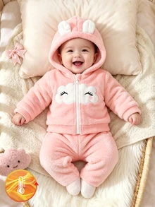 SHEIN Vintaside Kids 女嬰秋冬粉色法蘭絨抓絨內裡柔軟可愛卡通雲朵圖案刺繡休閒寬鬆3D耳朵連帽外套與長褲2件套，適合日常外出、休閒時光、慵懶日子、節日派對等多種場合 - 粉色 - 查看 2