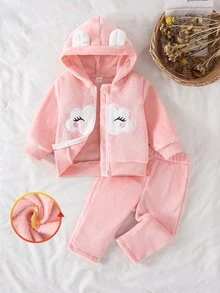 SHEIN Vintaside Kids 女嬰秋冬粉色法蘭絨抓絨內裡柔軟可愛卡通雲朵圖案刺繡休閒寬鬆3D耳朵連帽外套與長褲2件套，適合日常外出、休閒時光、慵懶日子、節日派對等多種場合 - 粉色 - 查看 7