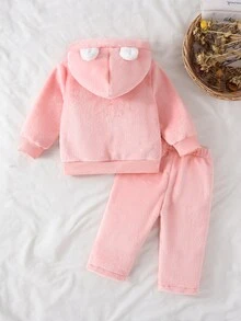 SHEIN Vintaside Kids 女嬰秋冬粉色法蘭絨抓絨內裡柔軟可愛卡通雲朵圖案刺繡休閒寬鬆3D耳朵連帽外套與長褲2件套，適合日常外出、休閒時光、慵懶日子、節日派對等多種場合 - 粉色 - 查看 3