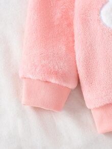 SHEIN Vintaside Kids 女嬰秋冬粉色法蘭絨抓絨內裡柔軟可愛卡通雲朵圖案刺繡休閒寬鬆3D耳朵連帽外套與長褲2件套，適合日常外出、休閒時光、慵懶日子、節日派對等多種場合 - 粉色 - 查看 6
