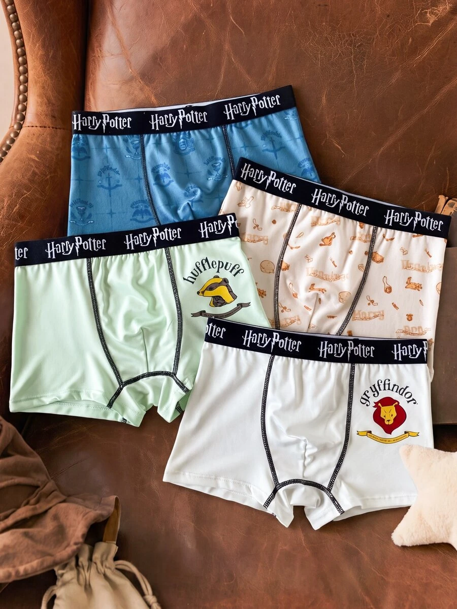 PrepCrw HARRY POTTER X SHEIN 4件組兒童青少年男孩休閒可愛基礎款寬鬆印花針織內褲,淺藍、紅、白、淺綠,秋季內著 - 彩色 - 查看 1