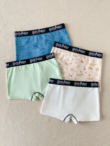 PrepCrw HARRY POTTER X SHEIN 4件組兒童青少年男孩休閒可愛基礎款寬鬆印花針織內褲，淺藍、紅、白、淺綠，秋季內著 - 彩色 - 查看 2