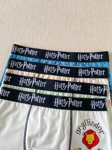PrepCrw HARRY POTTER X SHEIN 4件組兒童青少年男孩休閒可愛基礎款寬鬆印花針織內褲，淺藍、紅、白、淺綠，秋季內著 - 彩色 - 查看 3