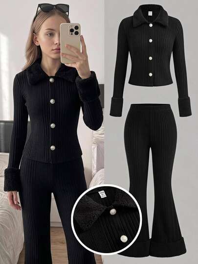 Girlism Teen Girl Teen Girls T-Shirt Co-Ords Autumn/Winter Black Slim Fit Striped Collar Fleece Long Sleeve Button-Up Cardigan Top And Solid Color Flare Pants Set