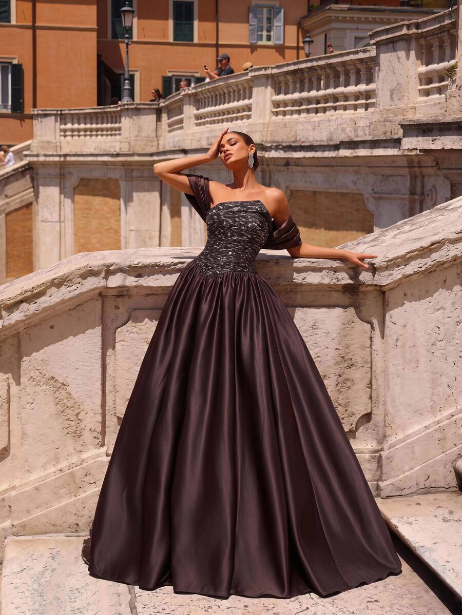 Glamrae Decent Two Toned Strapless Satin A Line Maxi Ball Gown Women's Dinner Wedding Guest Prom Night Cocktail Evening Rehearsal Gala Fall Brown Sexy Elegant