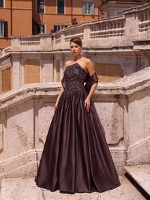 Glamrae Decent Two Toned Strapless Satin A Line Maxi Ball Gown Women's Dinner Wedding Guest Prom Night Cocktail Evening Rehearsal Gala Fall Brown Sexy Elegant - Coffee Brown - View 8
