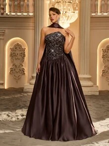 Glamrae Decent Two Toned Strapless Satin A Line Maxi Ball Gown Women's Dinner Wedding Guest Prom Night Cocktail Evening Rehearsal Gala Fall Brown Sexy Elegant - Coffee Brown - View 6