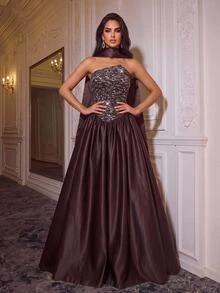 Glamrae Decent Two Toned Strapless Satin A Line Maxi Ball Gown Women's Dinner Wedding Guest Prom Night Cocktail Evening Rehearsal Gala Fall Brown Sexy Elegant - Coffee Brown - View 4