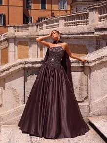 Glamrae Decent Two Toned Strapless Satin A Line Maxi Ball Gown Women's Dinner Wedding Guest Prom Night Cocktail Evening Rehearsal Gala Fall Brown Sexy Elegant - Coffee Brown - View 7