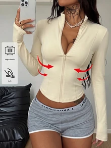 Coolane 女款純色立領拉鍊休閒百搭日常旅行運動夾克 - 杏色 - 查看 1