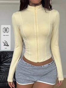 Coolane 女款純色立領拉鍊休閒百搭日常旅行運動夾克 - 杏色 - 查看 3