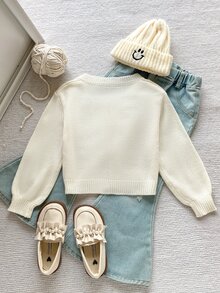 Maija Kids Maija Kids 1件少女開襟衫，優雅學院風休閒精緻舒適百搭針織粉色花卉裝飾白色長袖圓領開襟衫，適合返校、外出、休閒活動、聚會、秋冬 - 白色 - 查看 3