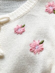 Maija Kids Maija Kids 1件少女開襟衫，優雅學院風休閒精緻舒適百搭針織粉色花卉裝飾白色長袖圓領開襟衫，適合返校、外出、休閒活動、聚會、秋冬 - 白色 - 查看 5