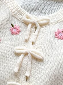 Maija Kids Maija Kids 1件少女開襟衫，優雅學院風休閒精緻舒適百搭針織粉色花卉裝飾白色長袖圓領開襟衫，適合返校、外出、休閒活動、聚會、秋冬 - 白色 - 查看 4