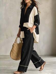 Linhara CURVE Plus Size Women's Colorblock 3/4 Sleeve Single-Breasted Shirt And Wide Leg Pants Casual 2 Pieces Set Fall - Black - View 7