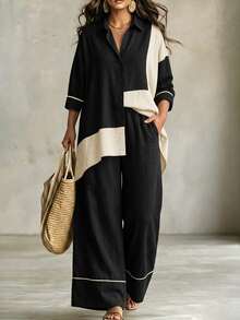 Linhara CURVE Plus Size Women's Colorblock 3/4 Sleeve Single-Breasted Shirt And Wide Leg Pants Casual 2 Pieces Set Fall - Black - View 4