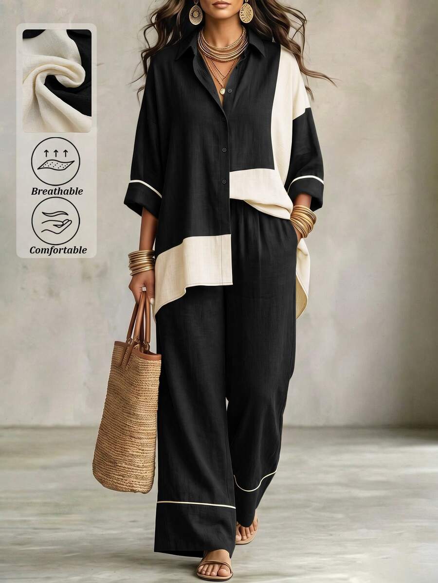Linhara CURVE Plus Size Women's Colorblock 3/4 Sleeve Single-Breasted Shirt And Wide Leg Pants Casual 2 Pieces Set Fall - Black - View 1
