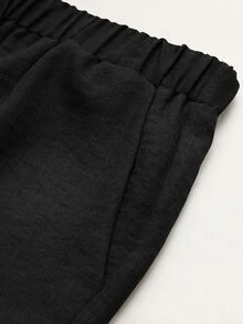 Linhara CURVE Plus Size Women's Colorblock 3/4 Sleeve Single-Breasted Shirt And Wide Leg Pants Casual 2 Pieces Set Fall - Black - View 8