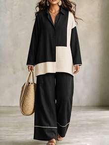 Linhara CURVE Plus Size Women's Colorblock 3/4 Sleeve Single-Breasted Shirt And Wide Leg Pants Casual 2 Pieces Set Fall - Black - View 5