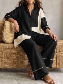Linhara CURVE Plus Size Women's Colorblock 3/4 Sleeve Single-Breasted Shirt And Wide Leg Pants Casual 2 Pieces Set Fall - Black - View 9