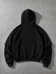 Manfinity EMRG 男士翅膀印花 2 合 1 休閒口袋連帽衛衣 - 黑色 - 查看 3