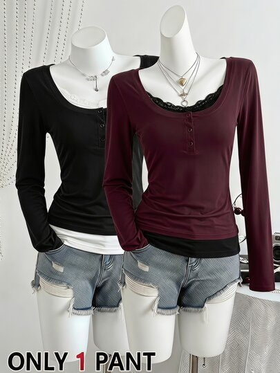 SHEIN Teen Girls Grey & Black Striped Collar Button Decor Lace Trim Long Sleeve Casual Versatile Design T-Shirt, Suitable For Spring & Autumn, Daily Outings, Commuting, Travel, Gatherings