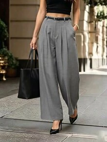 Editum Women's Grey Textured Ruffle Wide Leg Long Pants, Elegant Casual Business Commuter Versatile Trousers Office Work Summer Teachers' Day - Grey - View 1