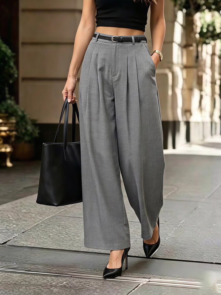 Editum Women's Grey Textured Ruffle Wide Leg Long Pants, Elegant Casual Business Commuter Versatile Trousers Office Work Summer Teachers' Day - Grey - View 1